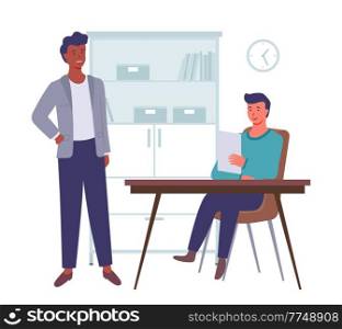 Business meeting or working process. Smiling man at a table talking to person holding paper sheet. Project management and teamwork concept. Businessman communicates with a colleague in office space. Business meeting or working process. Smiling man at a table talking to person holding paper document