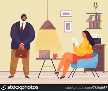 Business meeting or working process. Woman sitting at a table reading document, man standing holding briefcase. Project management and teamwork concept. Businessman make a financial report. Business meeting. Woman sitting at a table reading document, man standing holding briefcase