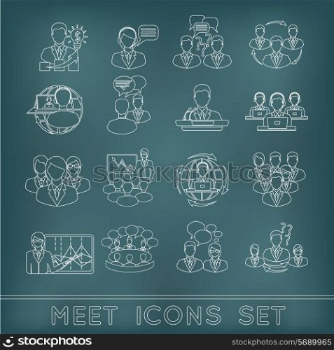 Business meeting outline icons set of conference innovation team working elements isolated vector illustration
