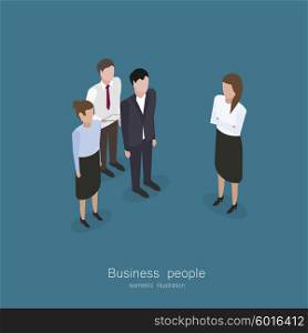 Business meeting people. Business boss woman meeting people worker in isometric style vector illustration