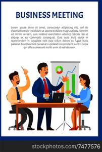 Business meeting, people sitting at table and discussing reports with graphs and charts. Work in team concept, boss and executive workers at workplace. Business Meeting, People Sitting at Table Vector