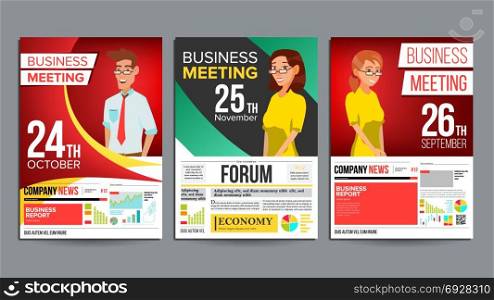 Business Meeting Poster Set Vector. Businessman And Business Woman. Invitation And Date. Conference Template. A4 Size. Cover Annual Report. Green, Red, Yellow. Chart And Graph Statistics. Illustration. Business Meeting Poster Set Vector. Businessman And Business Woman. Layout. Presentation Concept. Corporate Banner Template. Seminar Speaker. A4 Size. Green, Red, Yellow. Illustration
