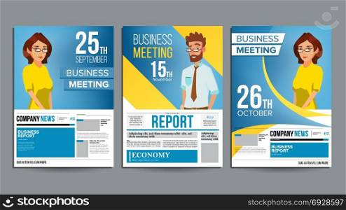 Business Meeting Poster Set Vector. Businessman And Business Woman. Invitation And Date. Conference Template. A4 Size. Cover Annual Report. Flat Cartoon Illustration. Business Meeting Poster Set Vector. Businessman And Business Woman. Layout. Presentation Concept. Corporate Banner Template. A4 Size. Flat Cartoon Illustration