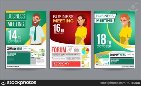 Business Meeting Poster Set Vector. Businessman And Business Woman. Layout. Presentation Concept. Corporate Banner Template. Seminar Speaker. A4 Size. Green, Red, Yellow. Illustration. Business Meeting Poster Set Vector. Businessman And Business Woman. Invitation And Date. Conference Template. A4 Size. Cover Annual Report. Green, Red, Yellow. Chart And Graph Statistics. Illustration