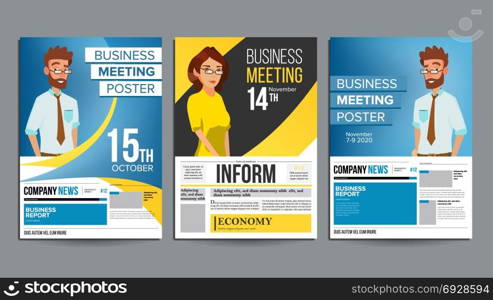 Business Meeting Poster Set Vector. Businessman And Business Woman. Layout. Presentation Concept. Corporate Banner Template. A4 Size. Flat Cartoon Illustration. Business Meeting Poster Set Vector. Businessman And Business Woman. Invitation And Date. Conference Template. A4 Size. Cover Annual Report. Flat Cartoon Illustration