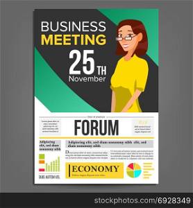Business Meeting Poster Vector. Business Woman. Invitation And Date. Conference Template. A4 Size. Green, Yellow Cover Annual Report. Teamwork Cooperation. Illustration. Business Meeting Poster Vector. Business Woman. Invitation For Conference, Forum, Brainstorming. Green, Yellow Cover Annual Report. Marketing, Sales E-commerce. Strategic Planning. Illustration