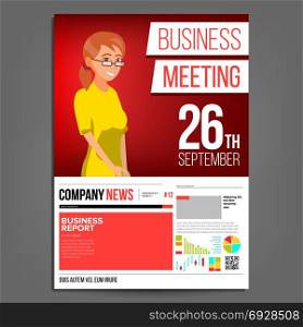 Business Meeting Poster Vector. Business Woman. Invitation And Date. Conference Template. A4 Size. Red, Yellow Cover Annual Report. Conference Room. Professional Training. Illustration. Business Meeting Poster Vector. Business Woman. Layout. Presentation Concept. Red, Yellow Corporate Banner Template. A4 Size. Conference Hall. Illustration