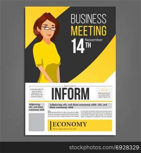 Business Meeting Poster Vector. Business Woman. Layout. Presentation Concept. Corporate Banner Template. A4 Size. Flat Cartoon Illustration. Business Meeting Poster Vector. Business Woman. Invitation And Date. Conference Template. A4 Size. Cover Annual Report. Flat Cartoon Illustration