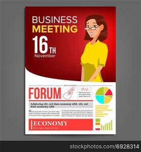 Business Meeting Poster Vector. Business Woman. Layout. Presentation Concept. Red, Yellow Corporate Banner Template. A4 Size. Conference Hall. Illustration. Business Meeting Poster Vector. Business Woman. Invitation And Date. Conference Template. A4 Size. Red, Yellow Cover Annual Report. Conference Room. Professional Training. Illustration