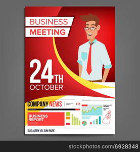 Business Meeting Poster Vector. Businessman. Invitation For Conference, Forum, Brainstorming. Red, Yellow Cover Annual Report. A4 Size. Lecture Motivation For Business Audience. Illustration. Business Meeting Poster Vector. Businessman. Invitation For Conference, Forum, Brainstorming. Red, Yellow Cover Annual Report. A4 Size. Lecture Motivation For Business Audience.