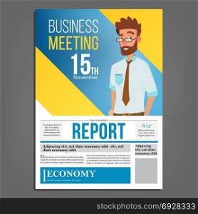 Business Meeting Poster Vector. Businessman. Layout Template. Presentation Concept. Corporate Banner. A4 Size. Flat Cartoon Illustration. Business Meeting Poster Vector. Businessman. Invitation And Date. Conference Template. A4 Size. Cover Annual Report. Flat Cartoon Illustration