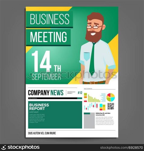 Business Meeting Poster Vector. Businessman. Layout Template. Presentation Concept. Green, Yellow Corporate Banner. A4 Size. Analyzing Sales Statistics. Financial Results Presentation. Illustration. Business Meeting Poster Vector. Businessman. Layout Template. Presentation Concept. Green, Yellow Corporate Banner. A4 Size. Analyzing Sales Statistics. Financial Results Presentation