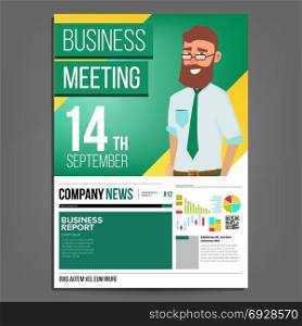 Business Meeting Poster Vector. Businessman. Layout Template. Presentation Concept. Green, Yellow Corporate Banner. A4 Size. Analyzing Sales Statistics. Financial Results Presentation. Illustration. Business Meeting Poster Vector. Businessman. Layout Template. Presentation Concept. Green, Yellow Corporate Banner. A4 Size. Analyzing Sales Statistics. Financial Results Presentation