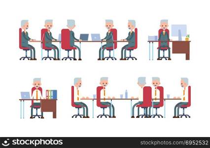 business meeting. posture while sitting. elderly businessman. cartoon character set
