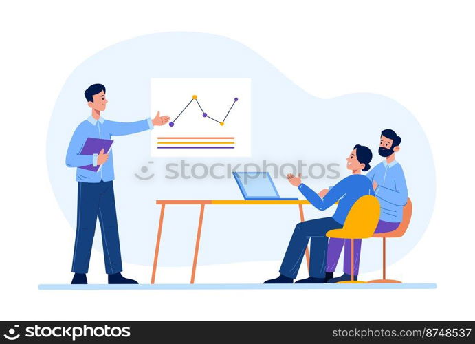 Business meeting presentation. Female and male office workers having brainstorming, discussion. Man presenter showing graph with progress. Team of colleagues working at office vector. Business meeting presentation. Female and male office workers having brainstorming, discussion. Man presenter