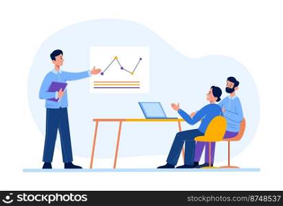 Business meeting presentation. Female and male office workers having brainstorming, discussion. Man presenter showing graph with progress. Team of colleagues working at office vector. Business meeting presentation. Female and male office workers having brainstorming, discussion. Man presenter