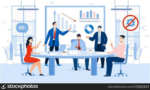 Business Meeting Profit and Loss Discussion in Office. Financial Company Recovery after Coronaviruse Epidemic. Businesspeople in Face Mask. Team Brainstorming Researching Problem Solution. Business Meeting Profit Loss Discussion in Office