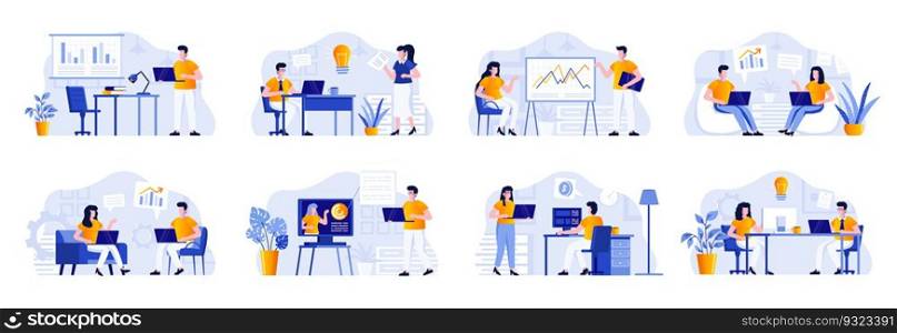 Business meeting scenes bundle with people characters. Manager making presentation, teamwork of colleagues in company situations. Corporate partnership and leadership flat vector illustration