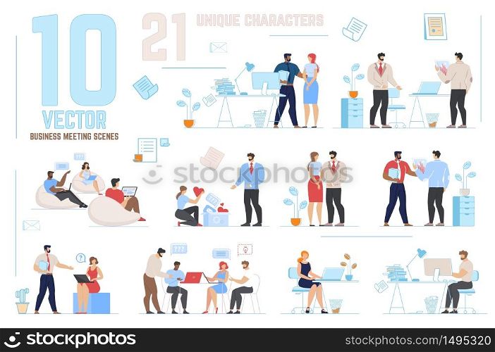Business Meeting Scenes Set with Unique Cartoon Characters. Men and Women Partners Taking Part in Negotiation, Brainstorming Process. Office People Communicating. Flat Vector Illustration. Business Meeting Scenes Set with Unique Characters