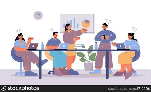 Business meeting, team conference, office employees discussion or consulting. Company leader or coach pointing on charts explaining strategy and financial indicators, Line art vector illustration. Business meeting, team conference in office room