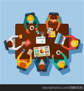 Business Meeting Top View Flat Poster. Business meeting top view manager office rectangle wooden table with projector tablet calculator and notebook flat vector illustration