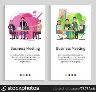 Business meeting vector, boss with employees giving presentation male with workers brainstorming, partners planning next activities and steps. Website or slider app, landing page flat style. Business Meeting People at Conference Seminar