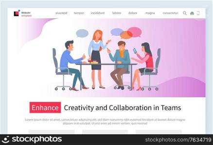 Business meeting vector, discussion of workers with boss main idea project. People at work sitting by table making addition, brainstorming process. Website or webpage template, landing page flat style. Enhance Creativity and Collaboration in Terms Web