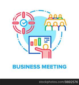 Business Meeting Vector Icon Concept. Business Conference And Presentation, Brainstorming And Company Financial Target, Team Discussion And Report. Communication With Employees Color Illustration. Business Meeting Vector Concept Color Illustration