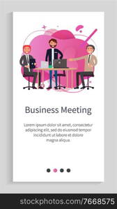 Business meeting vector, men discussing problems of company, planning new steps and strategies, males with papers and laptops with information. Website or app slider template, landing page flat style. Business Meeting, People Dealing with Tasks Web
