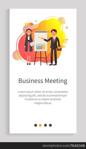 Business meeting vector, people on conference, presentation of new project with stats and analytics, man and woman wearing formal clothes. Website or app slider template, landing page flat style. Business Meeting Presentation of Startup Stats