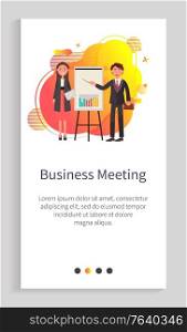 Business meeting vector, people on conference, presentation of new project with stats and analytics, man and woman wearing formal clothes. Website or app slider template, landing page flat style. Business Meeting Presentation of Startup Stats