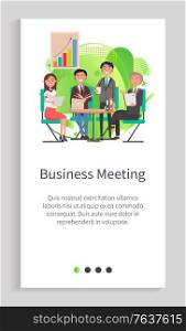 Business meeting vector, people sitting by table discussing problems of company, partners on conference, rally presentation with charts info. Website or app slider template, landing page flat style. Business Meeting of Partners, People on Conference
