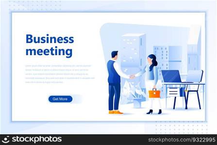 Business meeting web page design template of homepage or header images decorated people for website and mobile website development. Flat landing page template. Vector illustration.