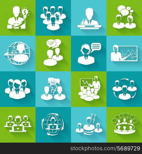 Business meeting white icons set of conference brainstorming group elements isolated vector illustration