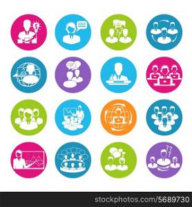 Business meeting white round buttons icons set of teamwork mediation planning elements isolated vector illustration