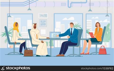 Business Meeting with Foreign Partner, International Investment Project, Concept. Company Ceo Discussing Contract Details, Presenting Idea to Arabian Businessman Trendy Flat Vector Illustration