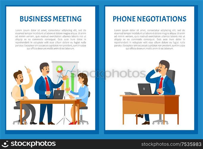 Business meeting with speaker pointing on charts and graphs, phone negotiations vector posters. Boss leader speaking on telephone, conversation with client. Business Meeting with Speaker Pointing on Charts
