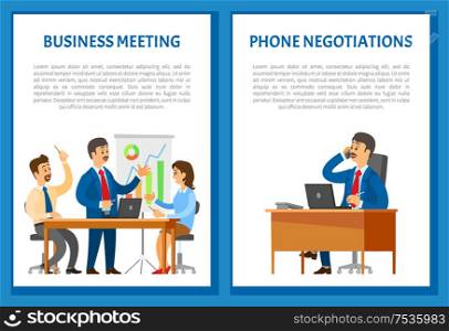 Business meeting with speaker pointing on charts and graphs, phone negotiations vector posters. Boss leader speaking on telephone, conversation with client. Business Meeting with Speaker Pointing on Charts