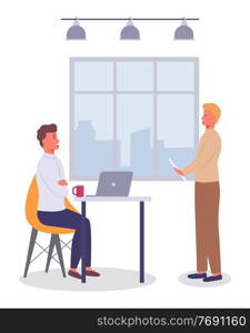 Business meeting, working process. Man manager consulting talking to boss about conclusion of a new contract. Businessman chief sitiing at a table listening to employee holding paper document in hand. Businessman chief sitiing at a table listening to employee holding paper document in hand