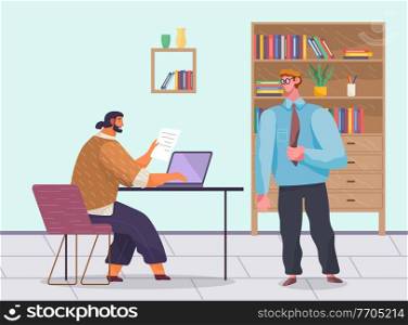 Business meeting, working process. Man manager consulting, talking to boss about statistics in the sales report. Businessman chief sitiing at a table typing laptop, holding paper document in hand. Business meeting, working process. Man manager consulting, talking to boss about sales report