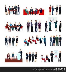 Business Meetings Set. Business meetings set of employees and partners at conference briefing seminars in flat style isolated vector illustration