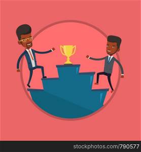 Business men competing for the trophy. Two competitive business men running up for the winner cup. Business competition concept. Vector flat design illustration in the circle isolated on background.. Businessmen competing for the business award.