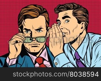 Business men gossiping pop art retro vector realistic hand drawing illustration. Business men gossiping