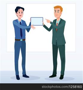 Business men Office cartoon characters. Standing persons. Business People at morning meeting. Illustration vector of discussion and talk, Board background.