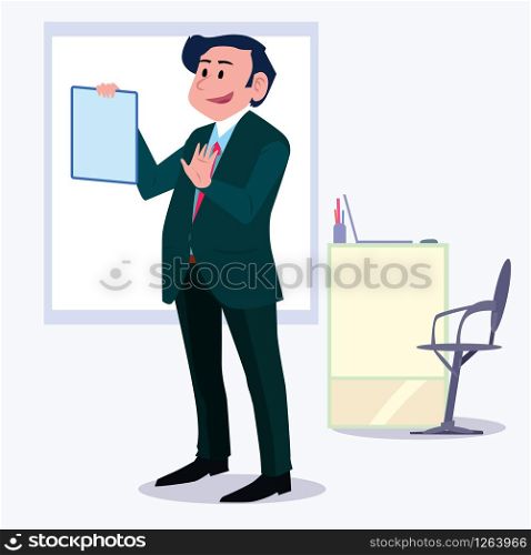 Business men Office cartoon characters. Standing persons. Business People at morning meeting. Illustration vector of discussion and talk, Board background.