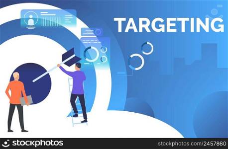 Business men setting arrow in business target. Planning, management, strategy concept. Presentation slide template. Vector illustration can be used for topics like business, finance, targeting. Business men setting arrow in business target