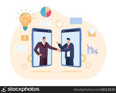 Business men signing contract online flat vector illustration. Men shaking hands through mobile phone screens or electronic devices after successful deal. Partnership, agreement concept
