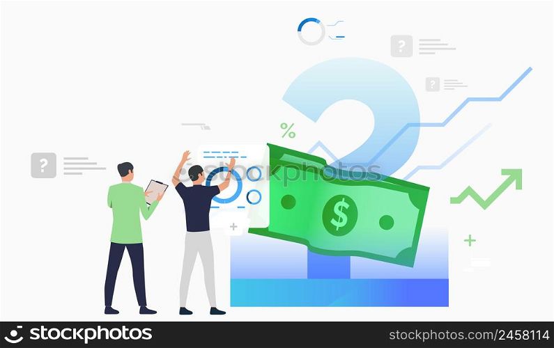 Business men working and discussing diagram. Planning, management, analysis concept. Vector illustration can be used for topics like business, finance, banking