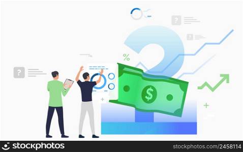 Business men working and discussing diagram. Planning, management, analysis concept. Vector illustration can be used for topics like business, finance, banking