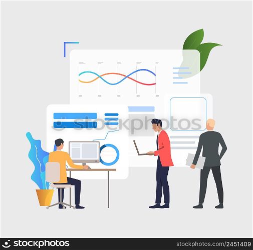 Business men working on computers and analyzing financial charts. Analysis, management, technology concept. Vector illustration can be used for topics like business, analytics, finance. Business men working on computers and analyzing financial charts